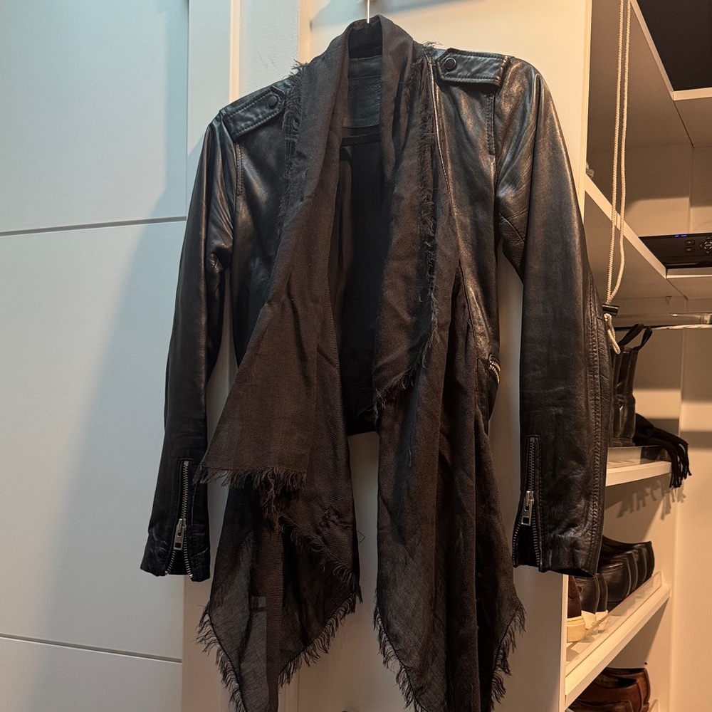All Saints Black Draped Leather Jacket